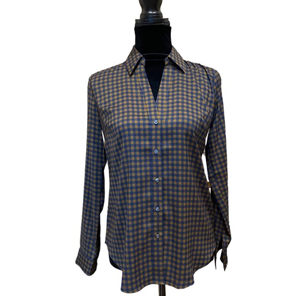 Ann Taylor Navy and Brown Checked Button Down Blouse XS - Picture 7 of 17